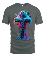 Vibrant Neon Cross T-Shirt Christian Faith Graphic - gray t-shirt on white background