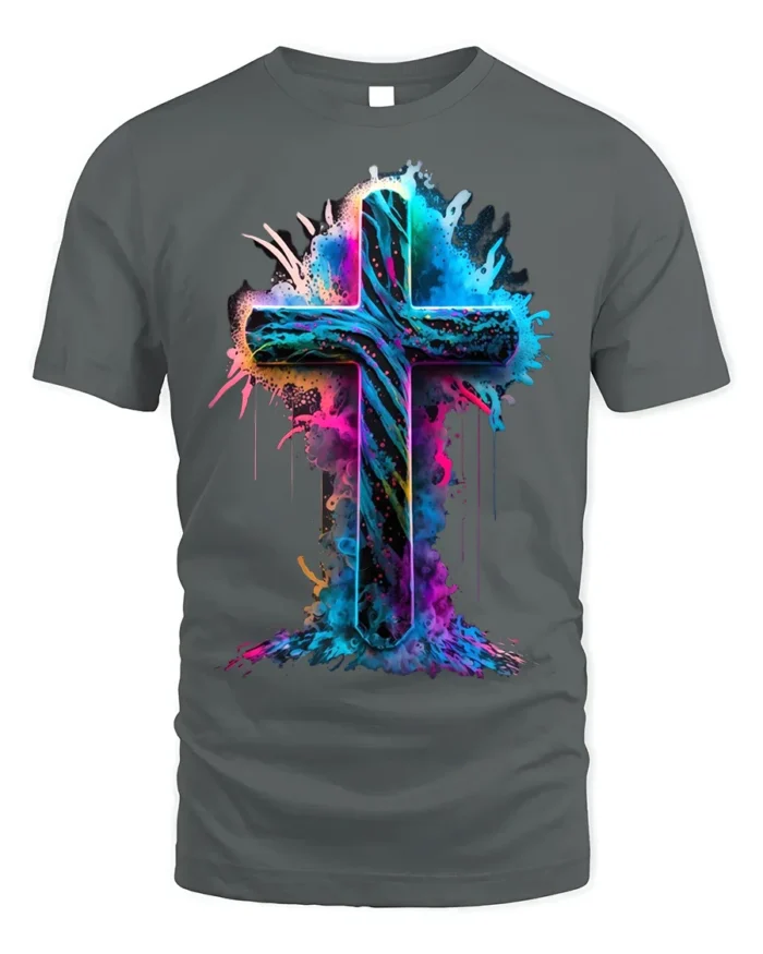 Vibrant Neon Cross T-Shirt Christian Faith Graphic - gray t-shirt on white background