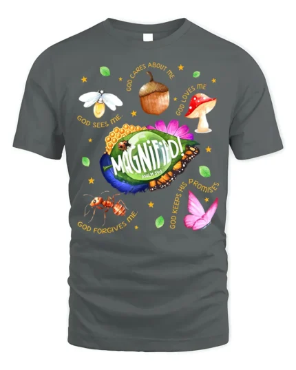 Magnified Psalm 34:3 Bible Verse Nature T-Shirt - gray t-shirt on white background