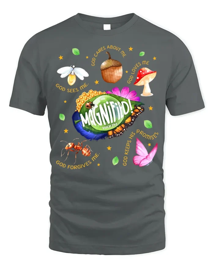 Magnified Psalm 34:3 Bible Verse Nature T-Shirt - gray t-shirt on white background