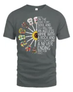 Ageless Hippie Guitar T-Shirt with Peace and Rock Style - gray t-shirt on white background