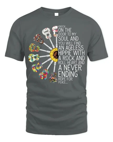 Ageless Hippie Guitar T-Shirt with Peace and Rock Style - gray t-shirt on white background