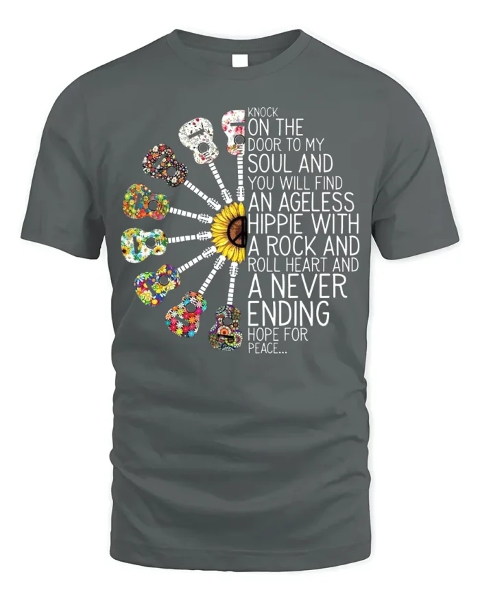Ageless Hippie Guitar T-Shirt with Peace and Rock Style - gray t-shirt on white background