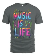 Colorful Music Is Life T-Shirt for Musicians and Fans - gray t-shirt on white background