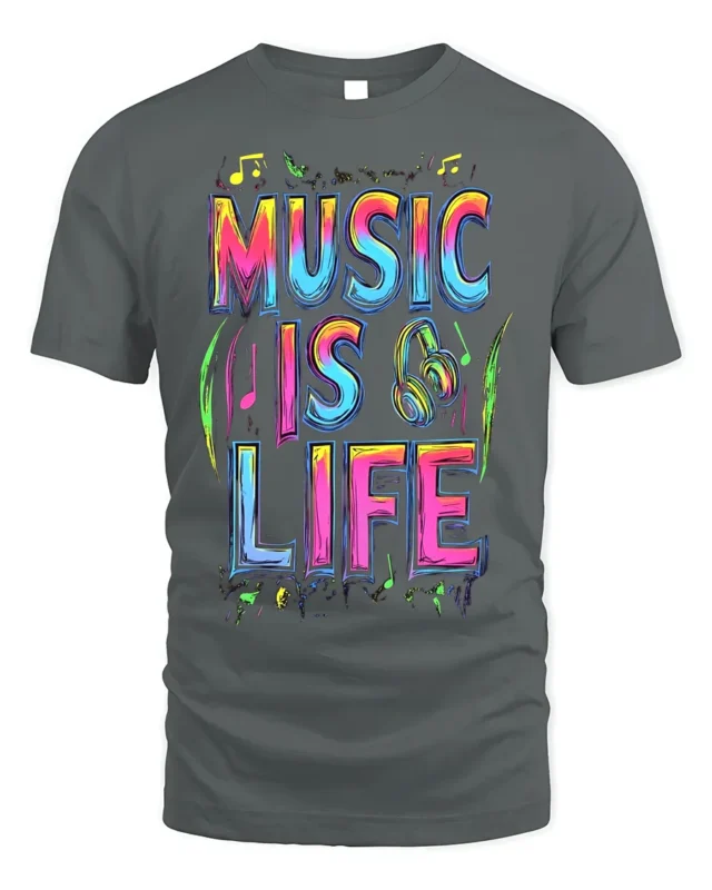 Colorful Music Is Life T-Shirt for Musicians and Fans - gray t-shirt on white background