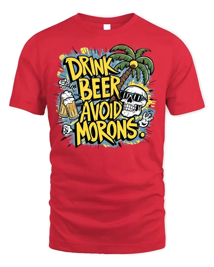 Drink Beer Avoid Morons Funny Summer Skull T-Shirt - red t-shirt on white background