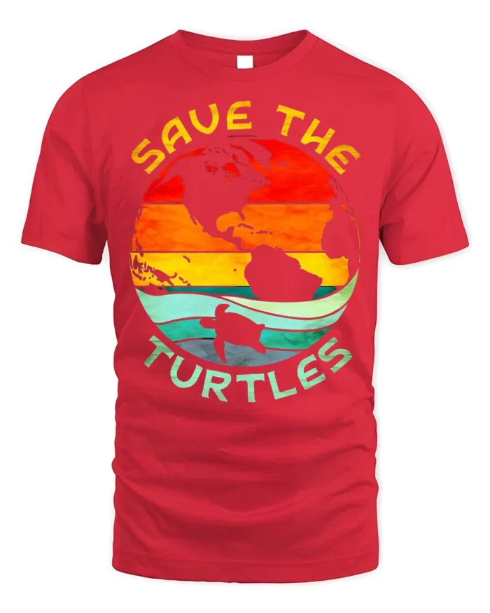 Save The Turtles T-Shirt Retro Earth Ocean Graphic - red t-shirt on white background