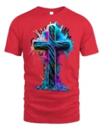 Vibrant Neon Cross T-Shirt Christian Faith Graphic - red t-shirt on white background