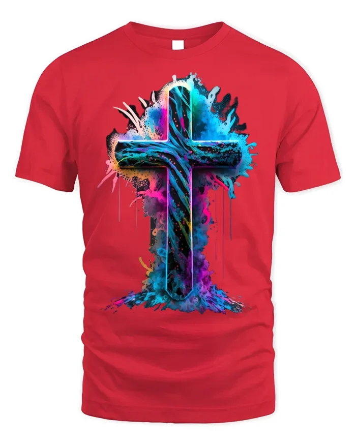 Vibrant Neon Cross T-Shirt Christian Faith Graphic - red t-shirt on white background