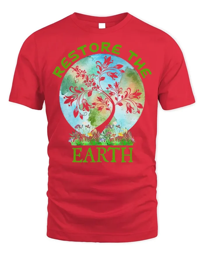 Restore The Earth T-Shirt Nature Graphic Eco Friendly - red t-shirt on white background