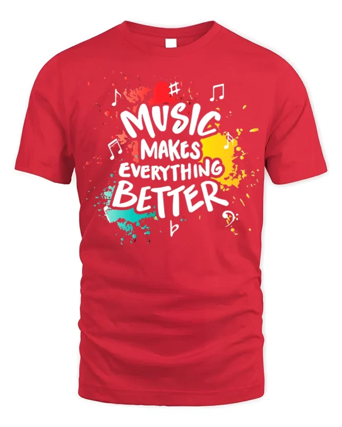 Music Makes Everything Better T-Shirt Retro Color Design - red t-shirt on white background