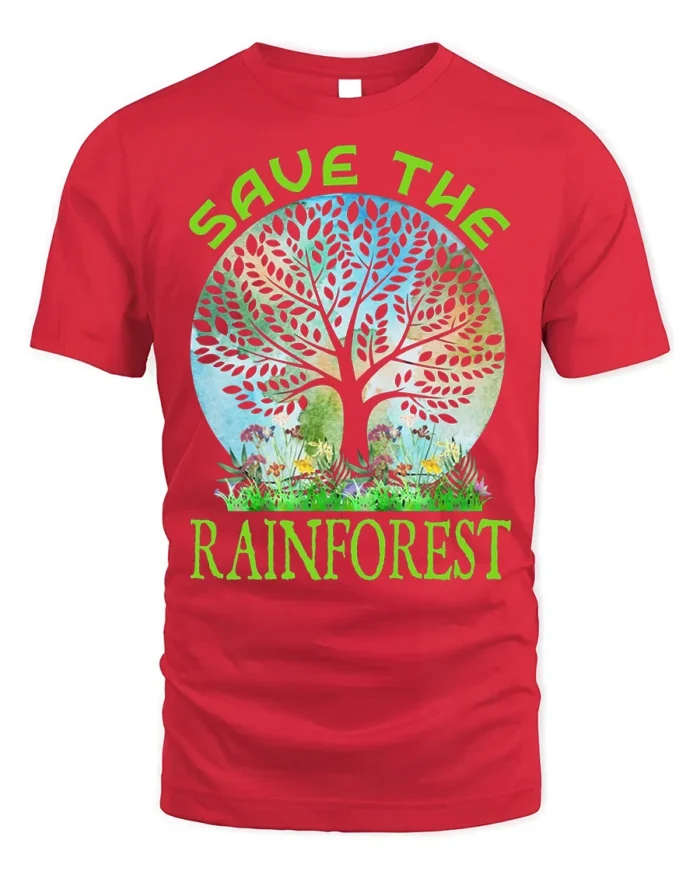 Save the Rainforest T-Shirt with Nature Tree Graphic - red t-shirt on white background