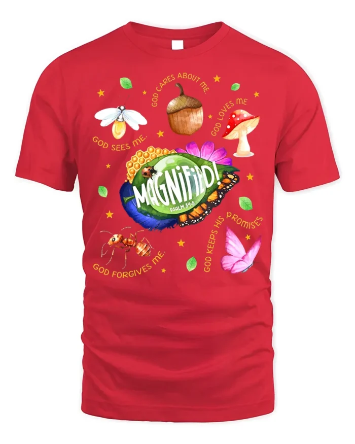 Magnified Psalm 34:3 Bible Verse Nature T-Shirt - red t-shirt on white background