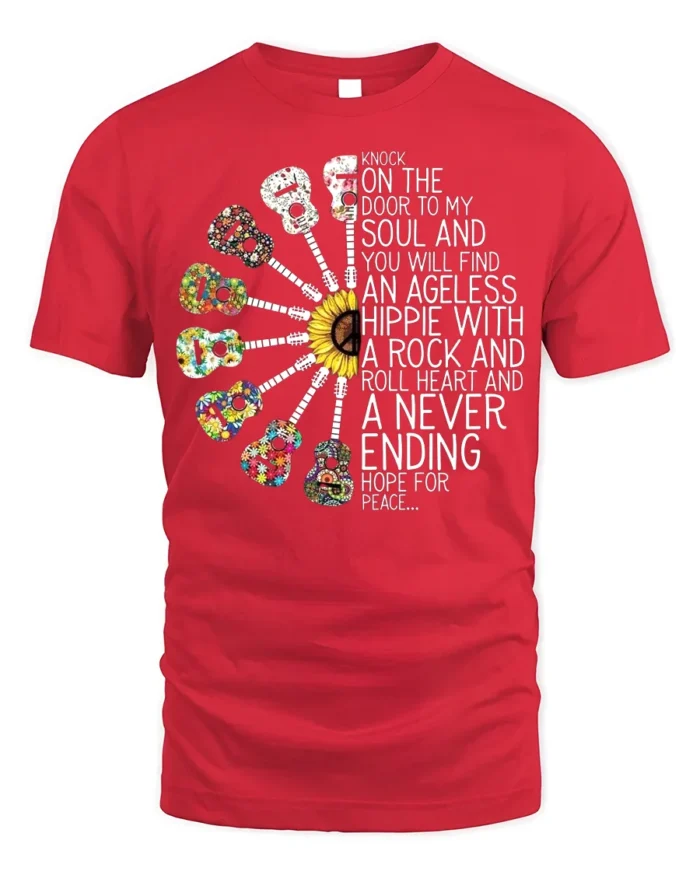 Ageless Hippie Guitar T-Shirt with Peace and Rock Style - red t-shirt on white background
