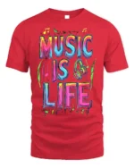 Colorful Music Is Life T-Shirt for Musicians and Fans - red t-shirt on white background