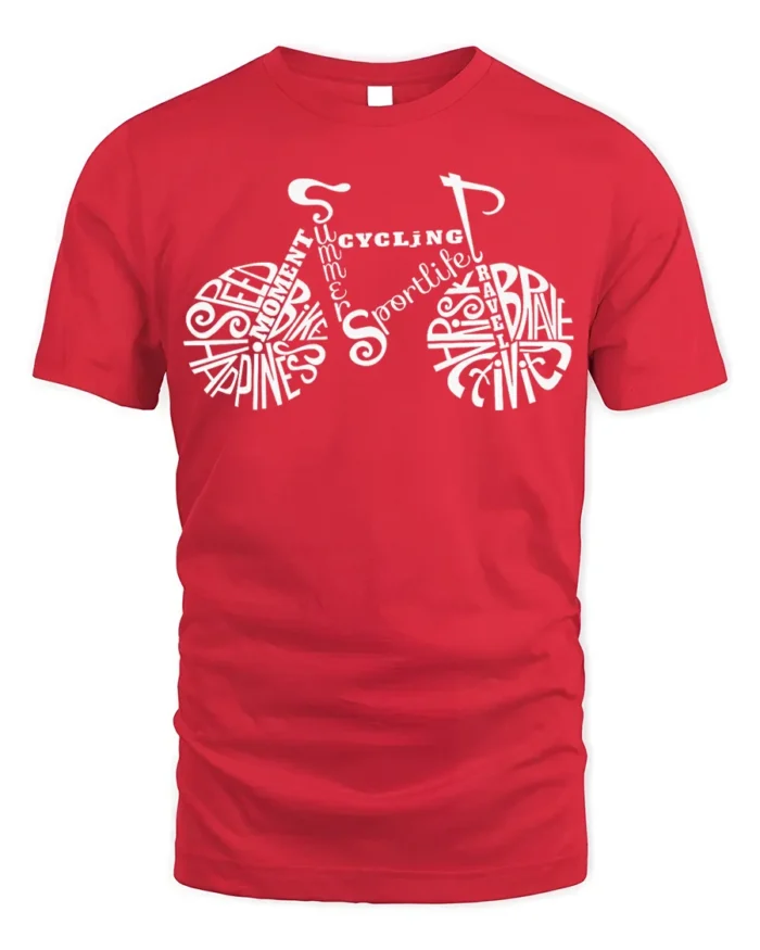 Typography Bike Word Art Cycling T-Shirt for Riders - red t-shirt on white background