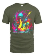 Neon Skull Guitar T-Shirt for Rock Music Lovers - military green t-shirt on white background