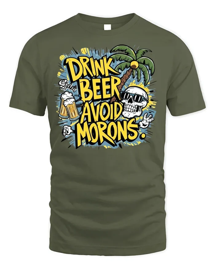 Drink Beer Avoid Morons Funny Summer Skull T-Shirt - military green t-shirt on white background