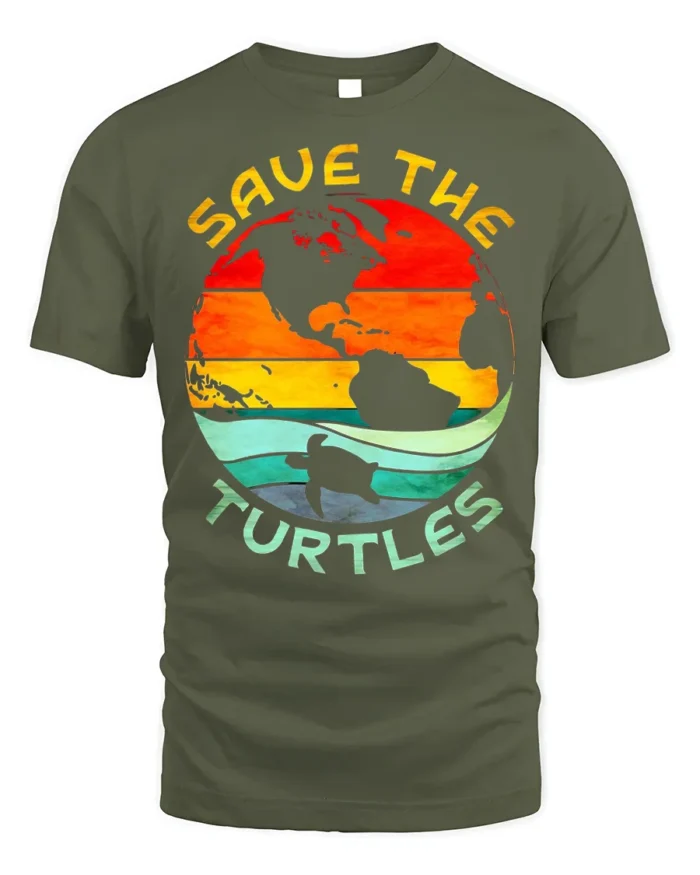 Save The Turtles T-Shirt Retro Earth Ocean Graphic - military green t-shirt on white background