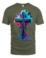 Vibrant Neon Cross T-Shirt Christian Faith Graphic - military green t-shirt on white background