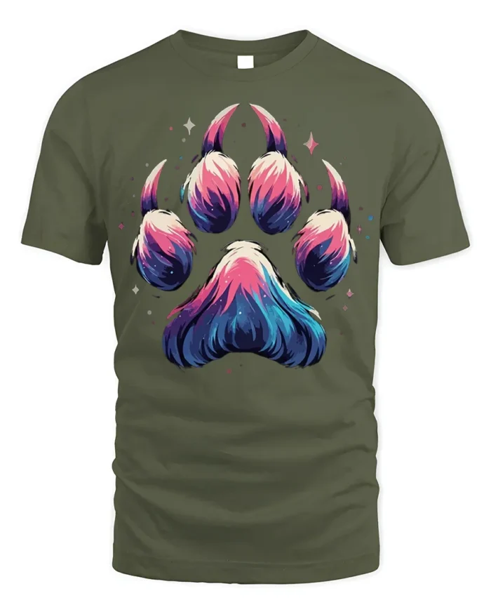 Galaxy Paw Print T-Shirt Vibrant Animal Lover - military green t-shirt on white background