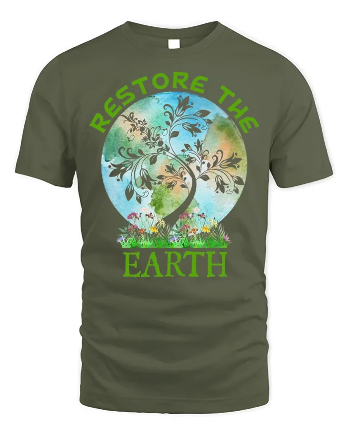 Restore The Earth T-Shirt Nature Graphic Eco Friendly - military green t-shirt on white background
