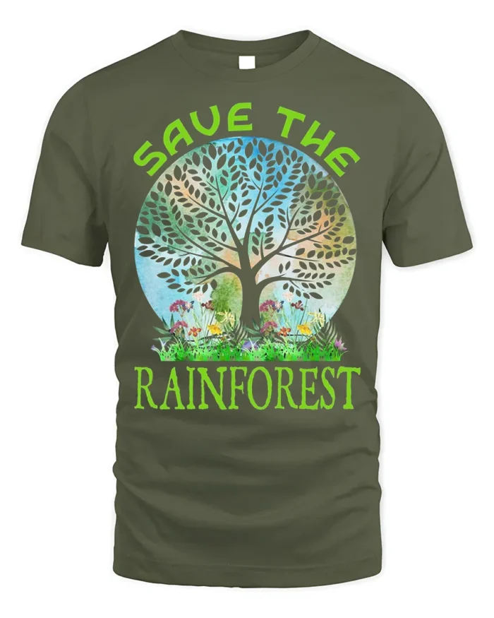 Save the Rainforest T-Shirt with Nature Tree Graphic - military green t-shirt on white background