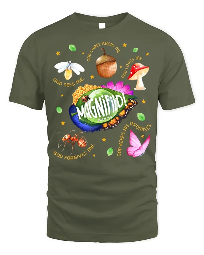 Magnified Psalm 34:3 Bible Verse Nature T-Shirt - military green t-shirt on white background