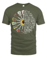 Ageless Hippie Guitar T-Shirt with Peace and Rock Style - military green t-shirt on white background