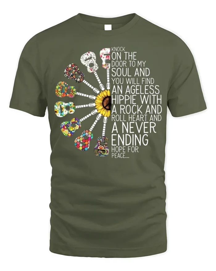Ageless Hippie Guitar T-Shirt with Peace and Rock Style - military green t-shirt on white background