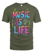 Colorful Music Is Life T-Shirt for Musicians and Fans - military green t-shirt on white background