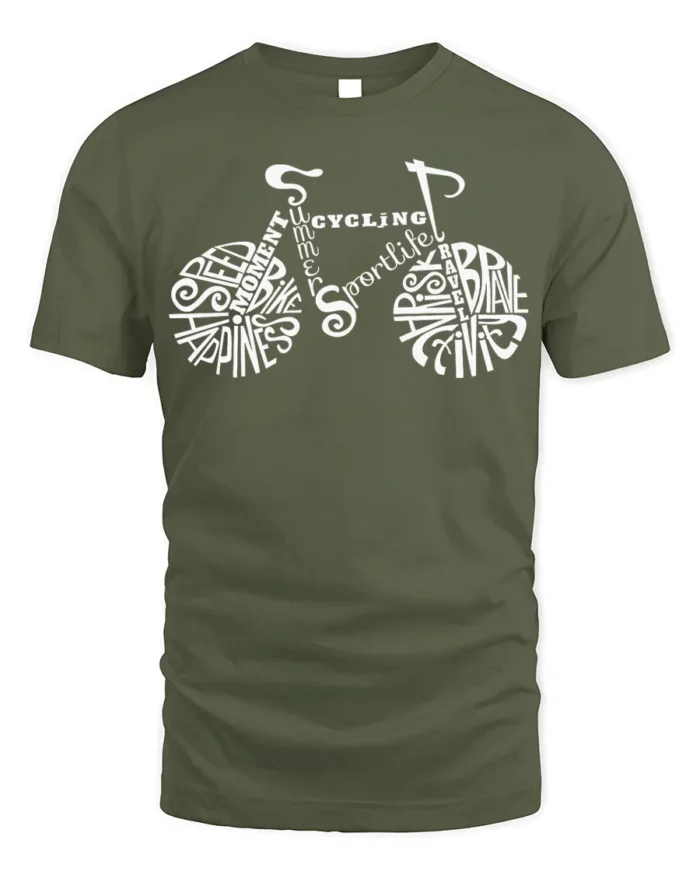 Typography Bike Word Art Cycling T-Shirt for Riders - military green t-shirt on white background