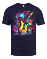 Neon Skull Guitar T-Shirt for Rock Music Lovers - navy t-shirt on white background