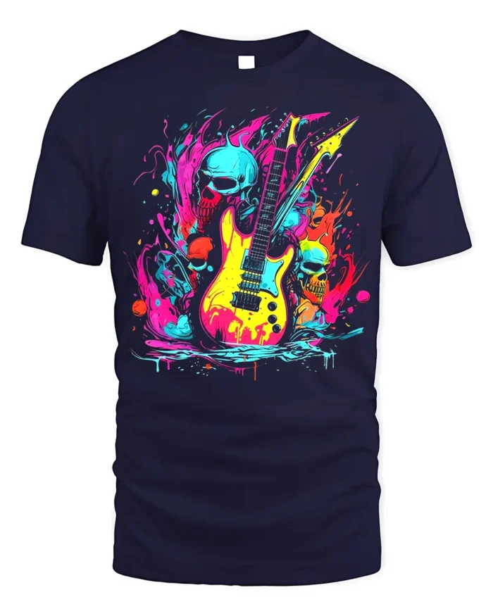 Neon Skull Guitar T-Shirt for Rock Music Lovers - navy t-shirt on white background