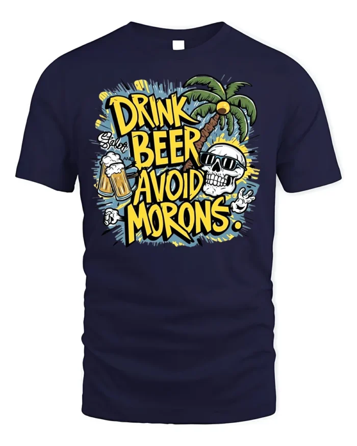 Drink Beer Avoid Morons Funny Summer Skull T-Shirt - navy t-shirt on white background