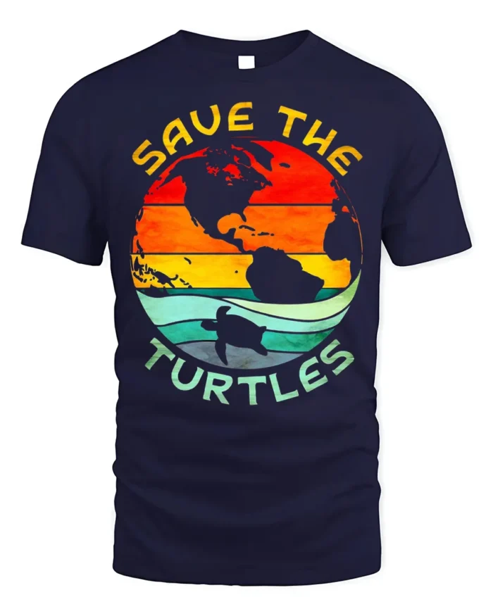 Save The Turtles T-Shirt Retro Earth Ocean Graphic - navy t-shirt on white background