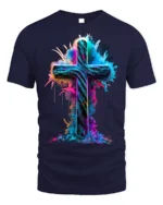 Vibrant Neon Cross T-Shirt Christian Faith Graphic - navy t-shirt on white background