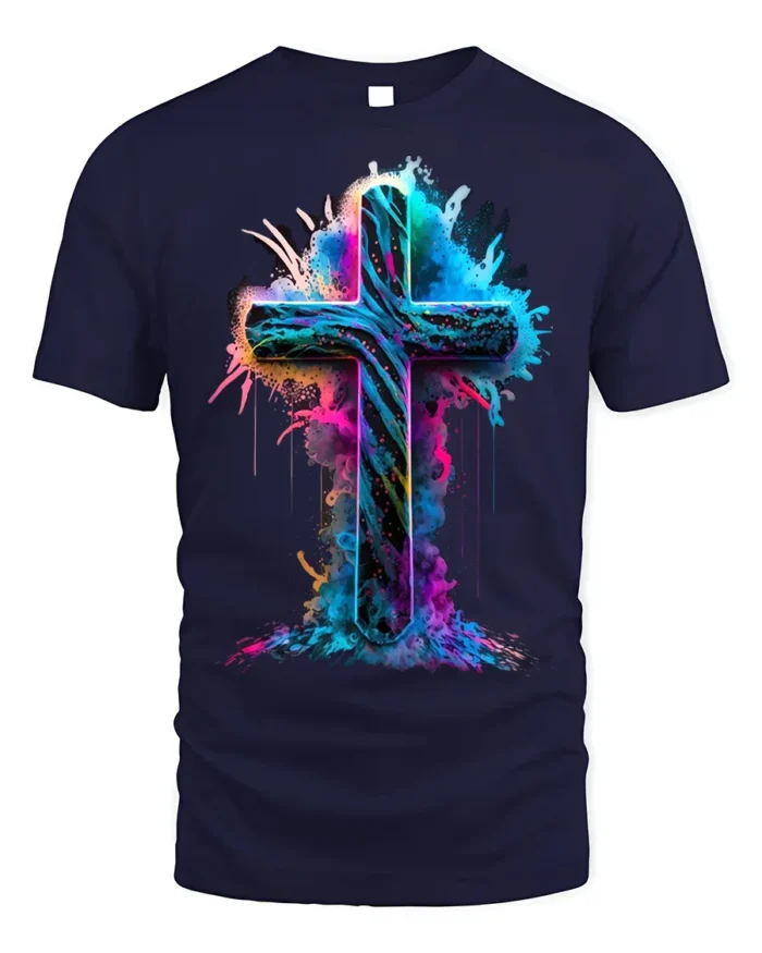 Vibrant Neon Cross T-Shirt Christian Faith Graphic - navy t-shirt on white background