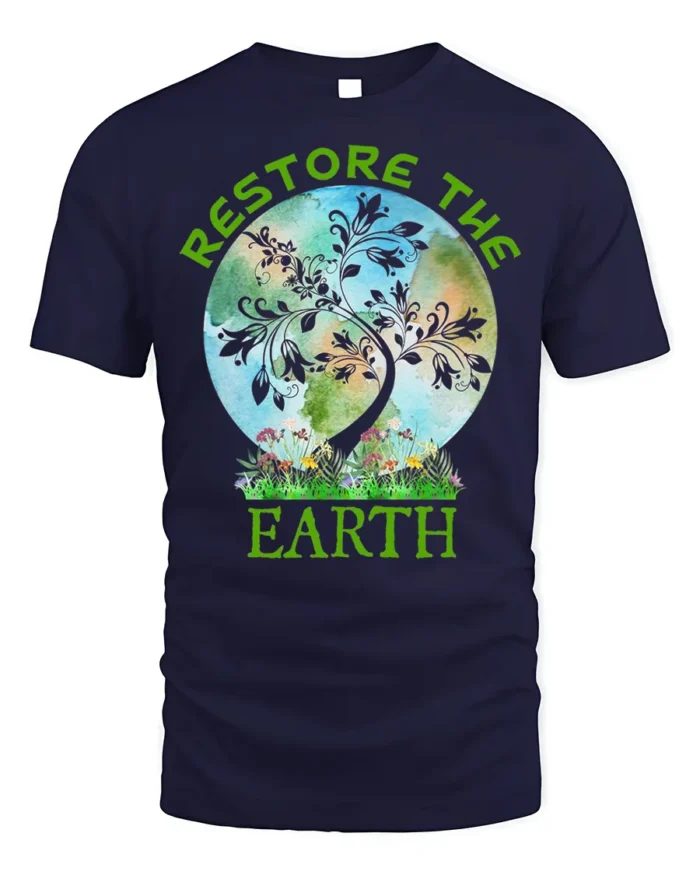 Restore The Earth T-Shirt Nature Graphic Eco Friendly - navy t-shirt on white background