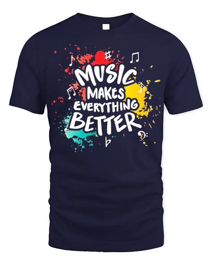 Music Makes Everything Better T-Shirt Retro Color Design - navy t-shirt on white background