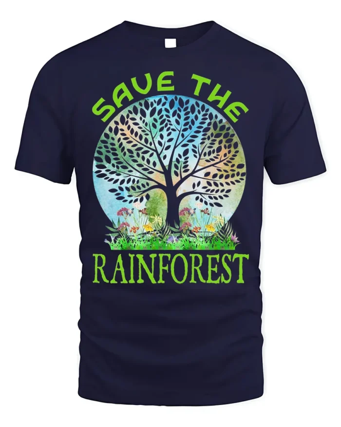 Save the Rainforest T-Shirt with Nature Tree Graphic - navy t-shirt on white background