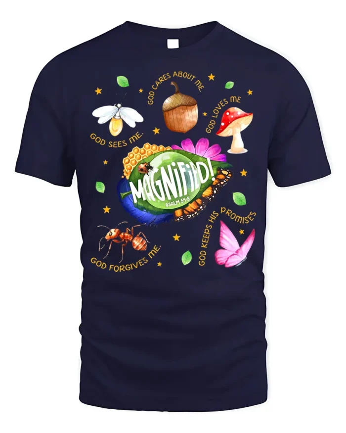 Magnified Psalm 34:3 Bible Verse Nature T-Shirt - navy t-shirt on white background