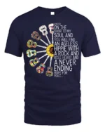Ageless Hippie Guitar T-Shirt with Peace and Rock Style - navy t-shirt on white background