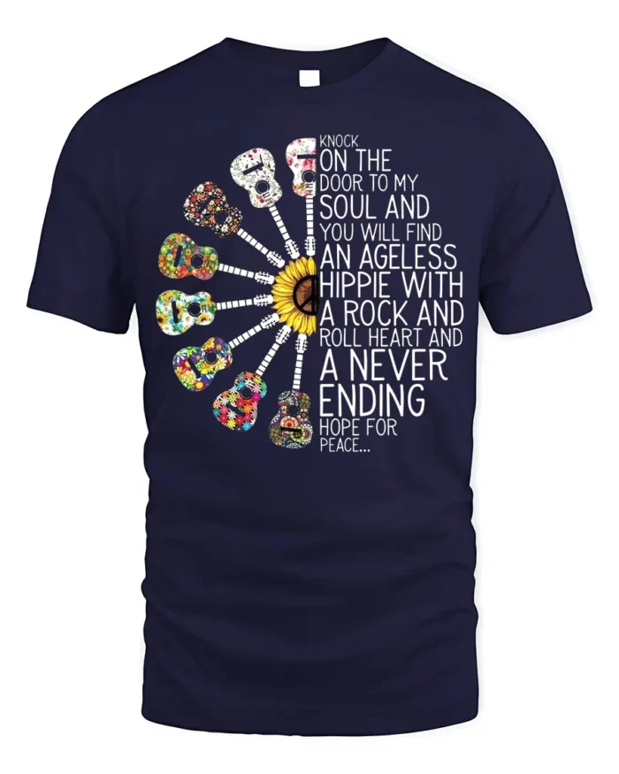 Ageless Hippie Guitar T-Shirt with Peace and Rock Style - navy t-shirt on white background
