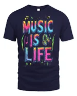 Colorful Music Is Life T-Shirt for Musicians and Fans - navy t-shirt on white background