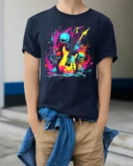 Neon Skull Guitar T-Shirt for Rock Music Lovers - model wearing navy shirt, hands in pockets