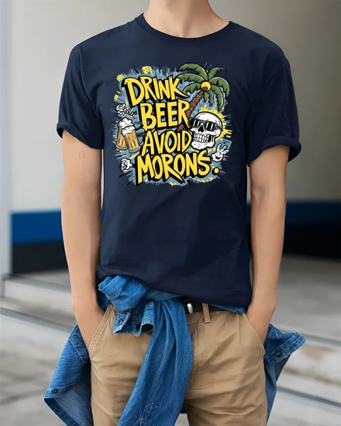 Drink Beer Avoid Morons Funny Summer Skull T-Shirt - model wearing navy shirt, hands in pockets