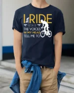 I Ride Because the Voices T-Shirt Funny Biker Quote - model wearing navy shirt, hands in pockets