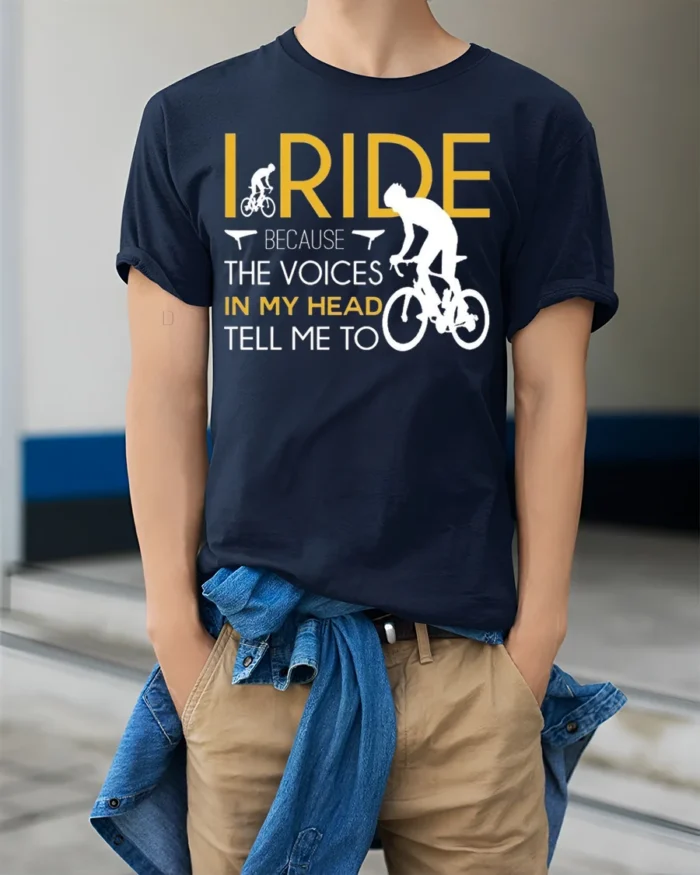 I Ride Because the Voices T-Shirt Funny Biker Quote - model wearing navy shirt, hands in pockets