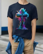 Vibrant Neon Cross T-Shirt Christian Faith Graphic - model wearing navy shirt, hands in pockets